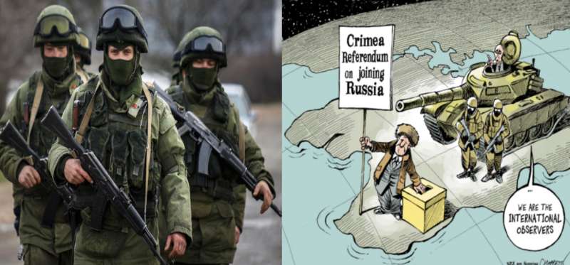 The invasion of Crimea and pseudo-referendum in the eyes of the world, and entirely omitted from textbooks now used under Russian occupation