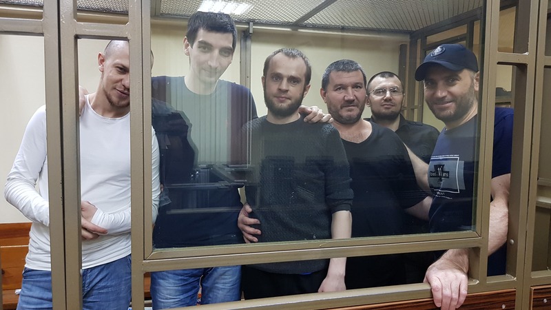 From left Arsen Dzhepparov, Refat Alimov, Vadim Siruk, Inver Bekirov, (at the back) Emir-Usein Kuku and Muslim Aliev Photo Crimean Solidarity