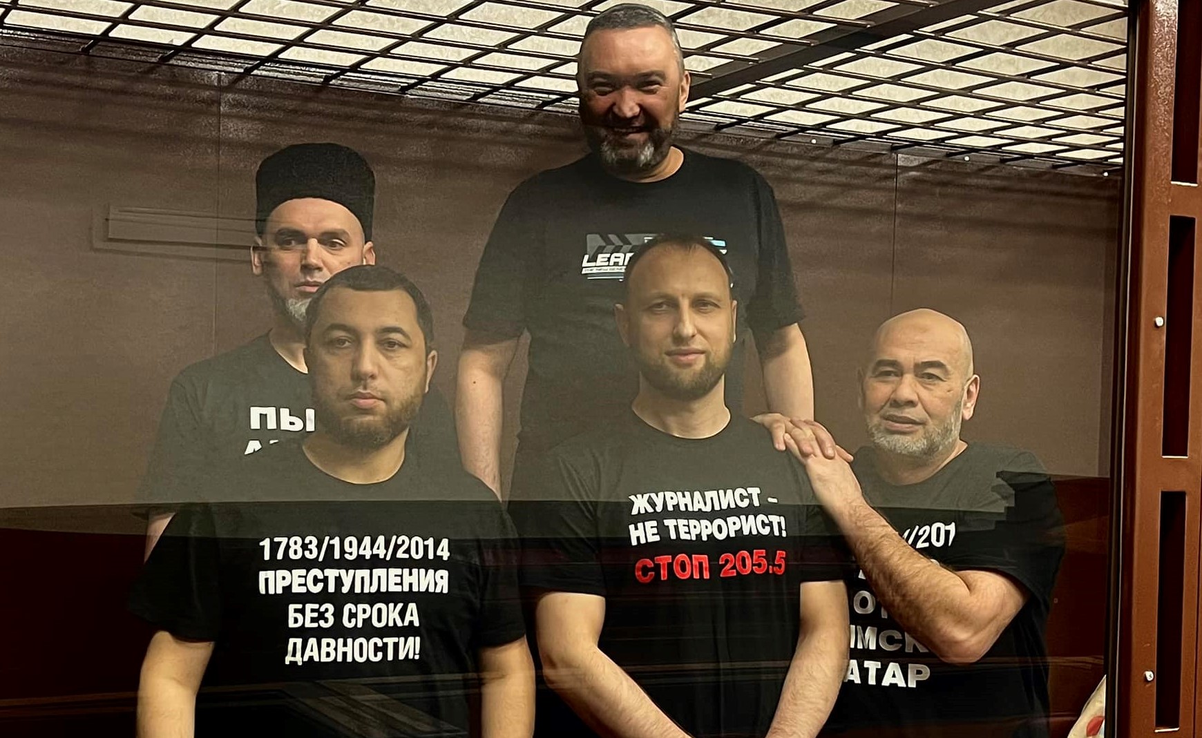 From back left clockwise Rustem Sheikhaliev, Enver Ametov, Yashar Muyedinov, Ruslan Suleimanov and Osman Arifmemetov The men’s T-shirts say, for example, that ’A journalist is not a terrorist’ and speak of the lies with no time bar of 1783, 1944 and 2014 Photo Crimean Solidarity