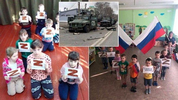 Russian ’education’ aimed at zombifying children Collage from Ukraina Moloda