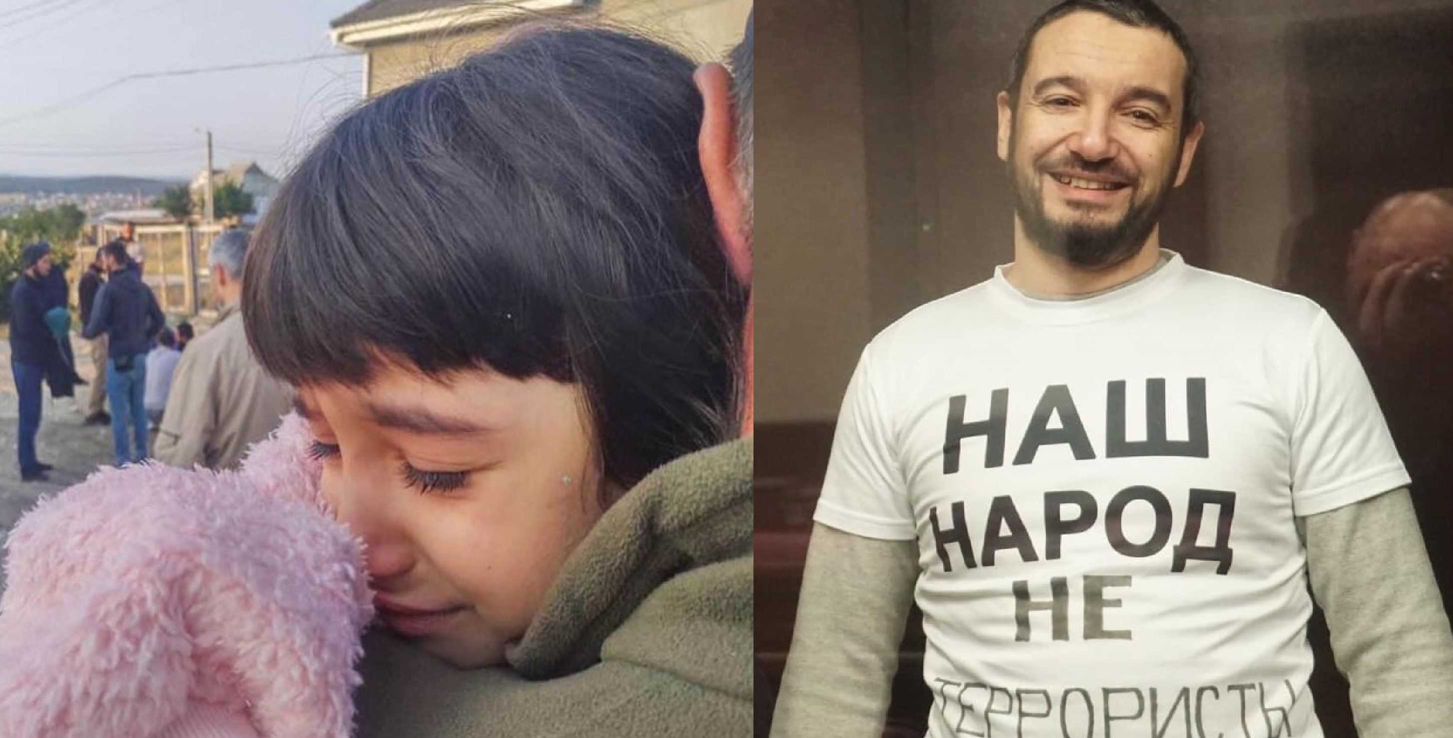 Derya Fevzieva crying inconsolably after her father was taken away by armed men on 17.08.2021, Raif Fevziev in court on 12.01.2023 in a T-shirt reading ’Our people are not terrorists’ Photos Crimean Solidarity