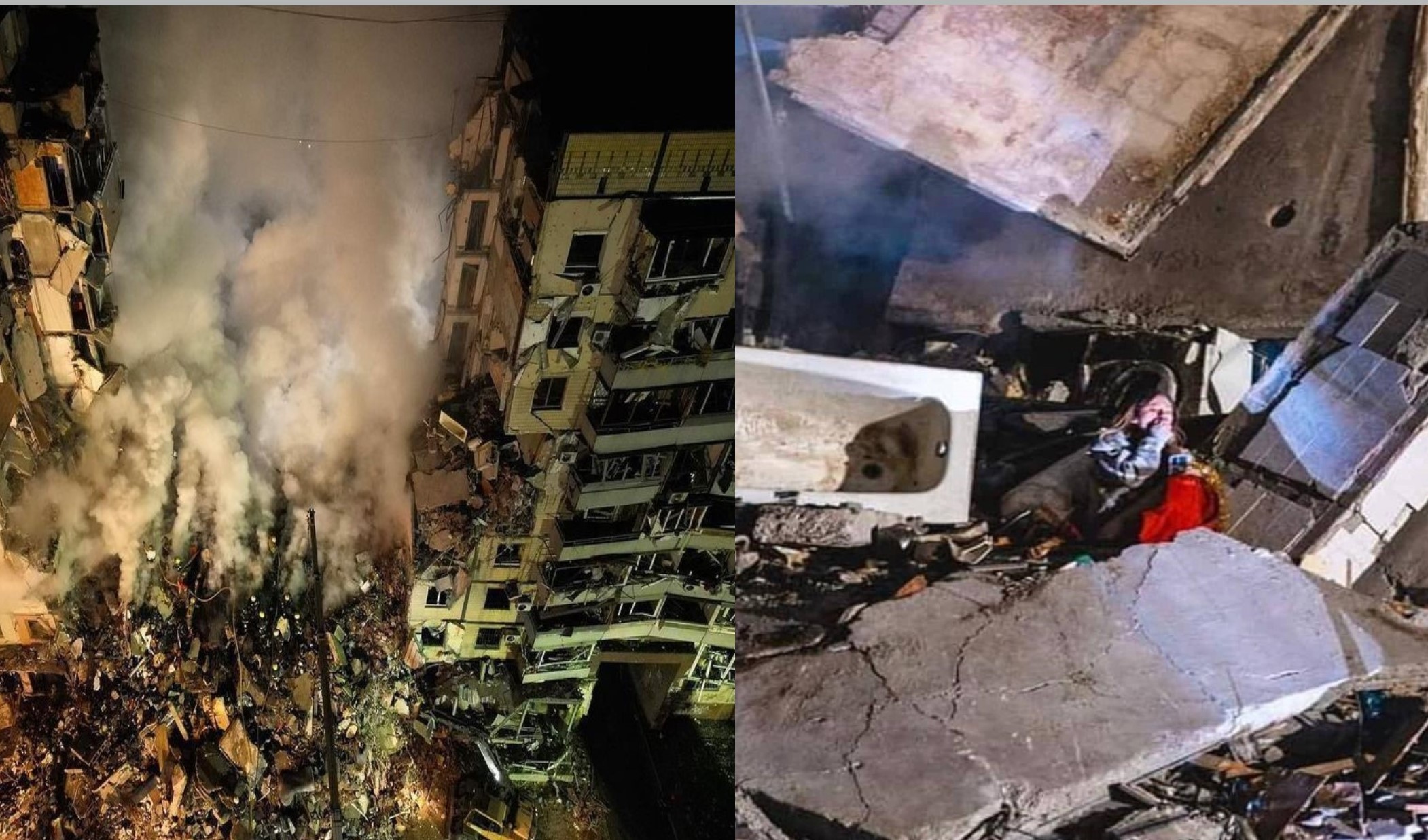 Dnipro The ruins of the tower block Russian bombed and destroyed on 14 January 2023 Photo DNS, Young woman, whose partner was recently killed defending Ukraine, and whose parents were buried under the rubble, awaits rescue Photo Hromadskeended between floors of the bombed block Photo Hromadske