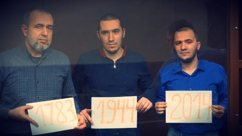 From left Rustem Seitmemetov, Seitumer Seitumerov and Osman Seitumerov, with the three dates linked with Russia’s attacks on Crimean Tatars Photo Crimean Solidarity