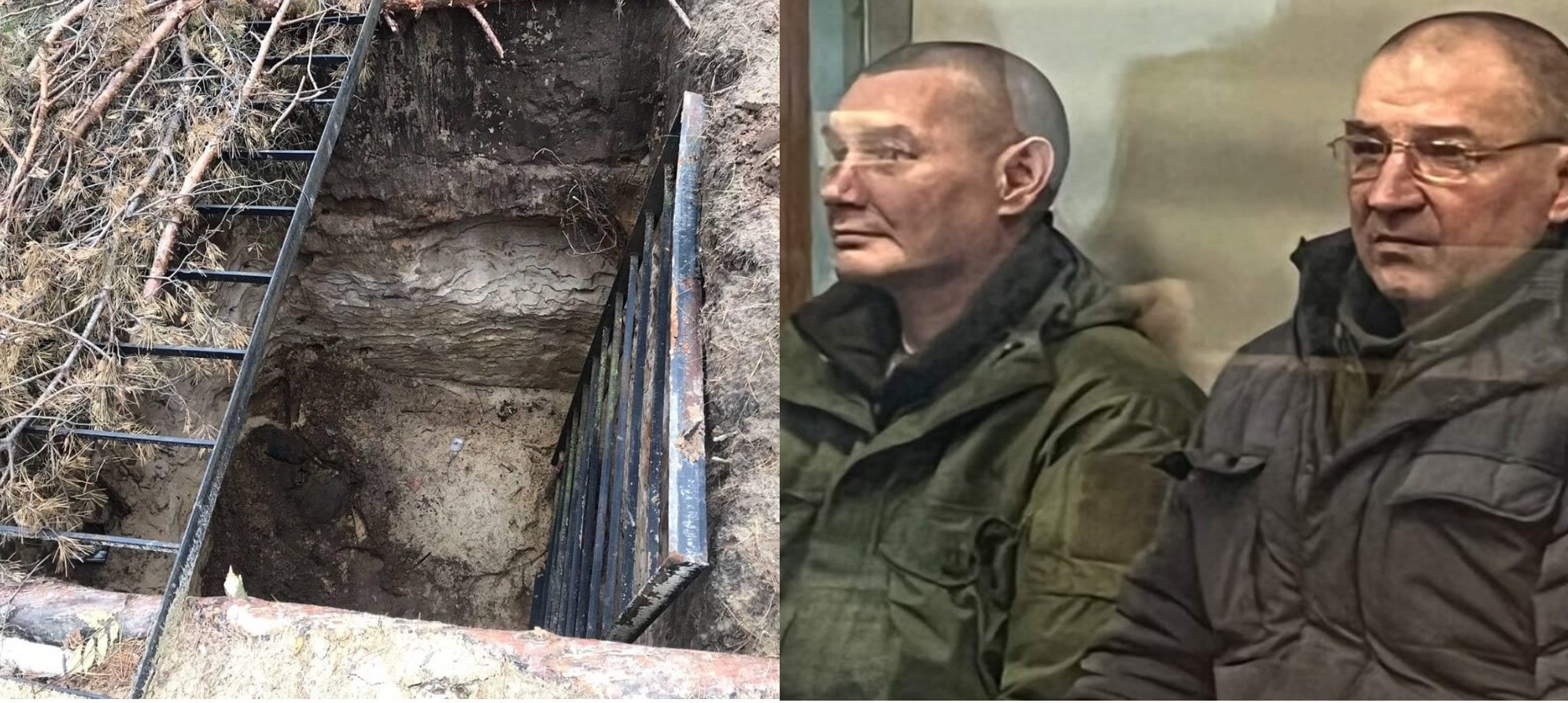 Pit in which Ukrainian civilians were held and tortured (Photo Serhiy Bolvinov), from left Mikhail Ivanov, Ruslan Kolesnikov (Photo Court Reporter)
