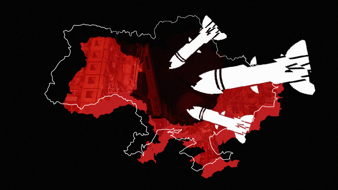 Ілюстрація: Марія Крикуненко/ХПГ, світлина: Тарас Ібрагімов/Суспільне [мапа україни повітряна тривога ракети ппо]