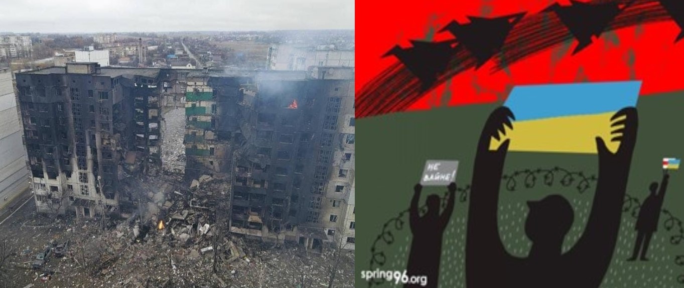 One of the many apartment blocks in Borodianka (Kyiv oblast) that Russia bombed, War in Ukraine Illustration Olga Prankevich, posted by Viasna Human Rights Centre