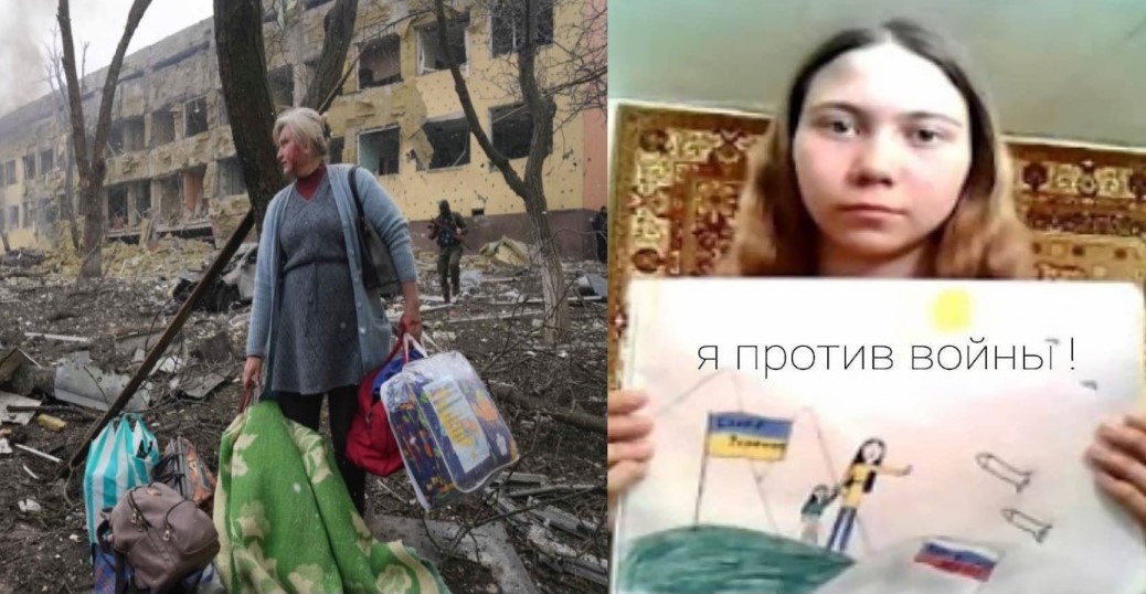 Mariupol after Russia’s bombing of the Maternity Hospital Photo Evgeniy Maloletka, AP, Masha Moskaleva and the picture opposing Russia’s aggression against Ukraine which led to her father being placed under house arrest, and Masha in a children’s home Photo posted by Bumaga