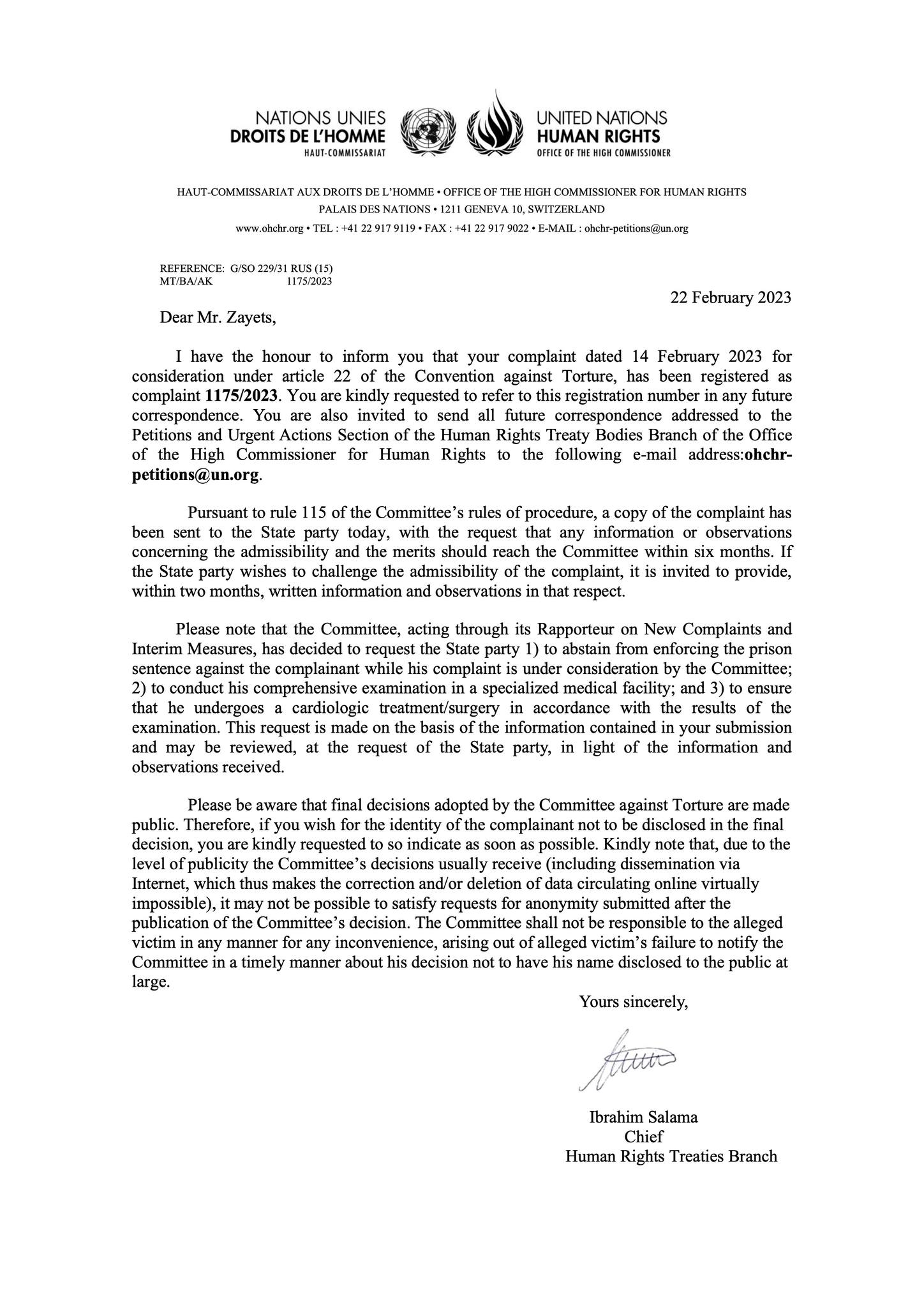 UN Committee letter regarding the complaint lodged by Serhiy Zayets, on behalf of Amet Suleimanov