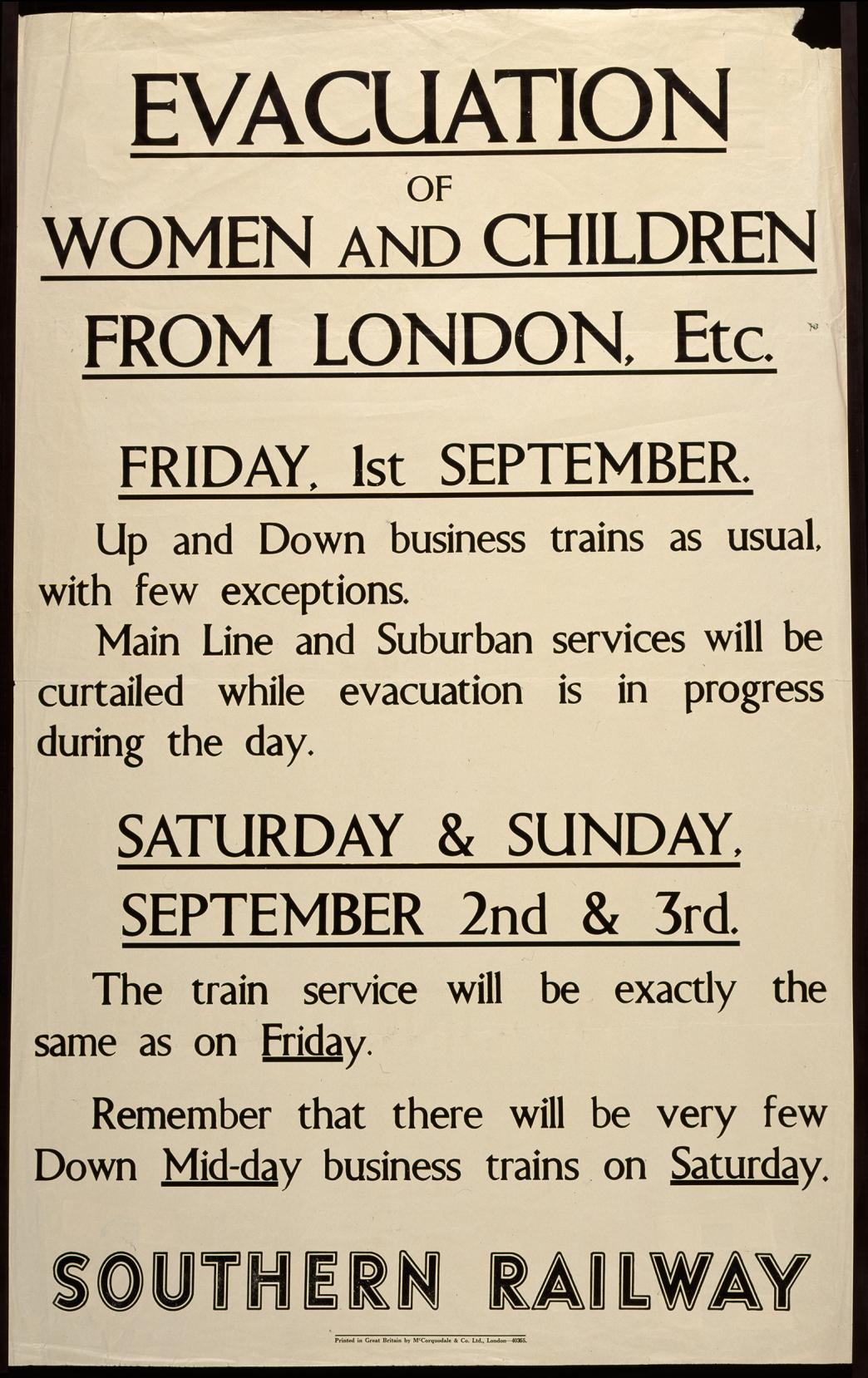 Плакат Південної залізниці для служби евакуації жінок і дітей, вересень 1939-го року. Фото: Imperial War Museum