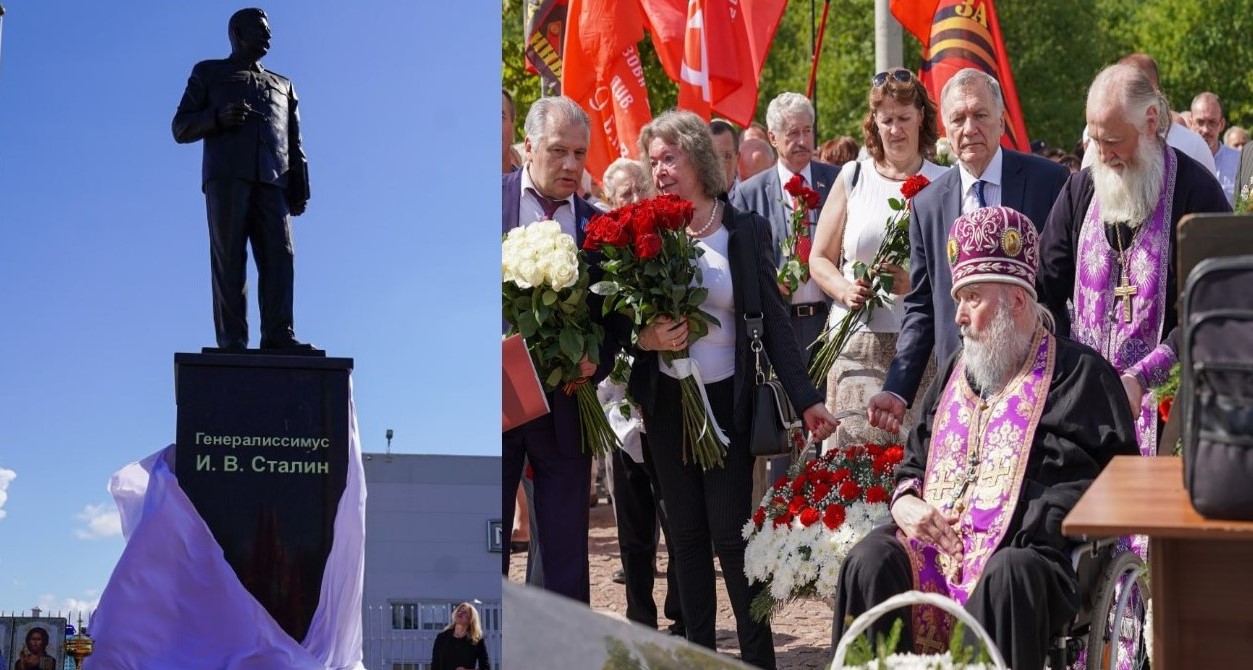 8-metre high statue of the dictator in Velikiye Luki, Pskov oblast, unveiled and ’blessed’ by a Russian Orthodox church priest, on 15 August 2023 Photos SOTA