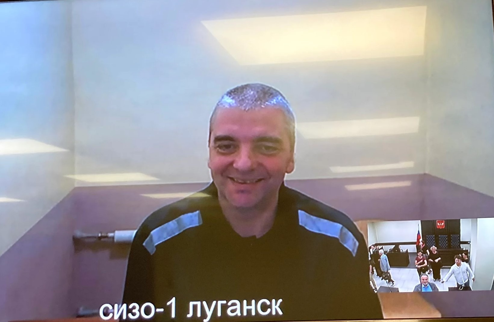 Maksym Butkevych on 22 August 2023 Photo Mediazona (photos and videos were only allowed of Butkevych and his lawyer, and only during the break - those involved in such travesties seek anonymity)