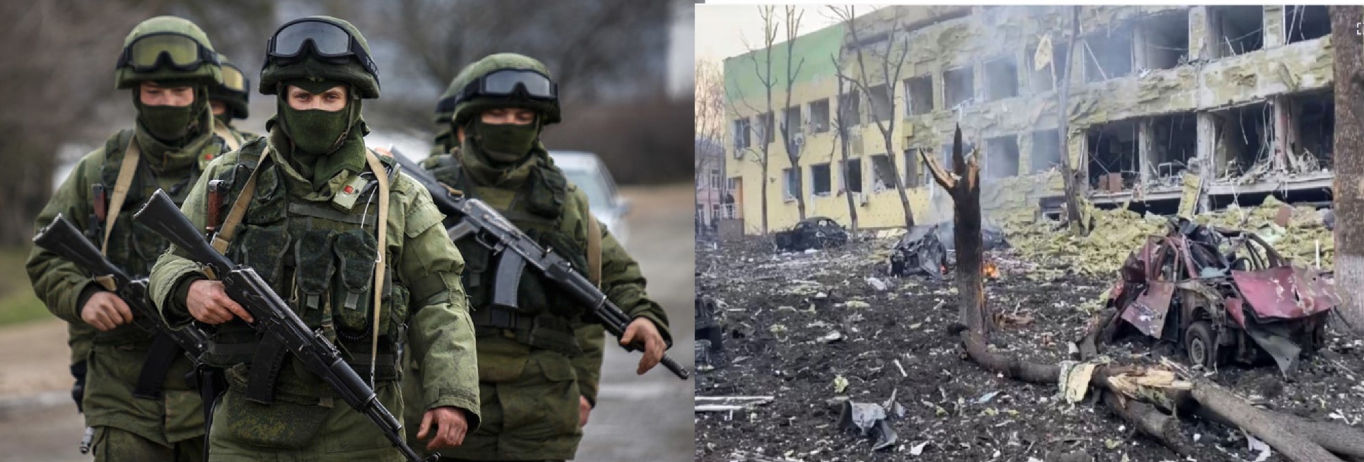 Russian soldiers without insignia who get no mention in Russia’s alternative history of 2014, Mariupol after Russian bombing of a children’s and maternity hospital on 9 March 2022 Photo from the Ukrainian military, posted by Reuters
