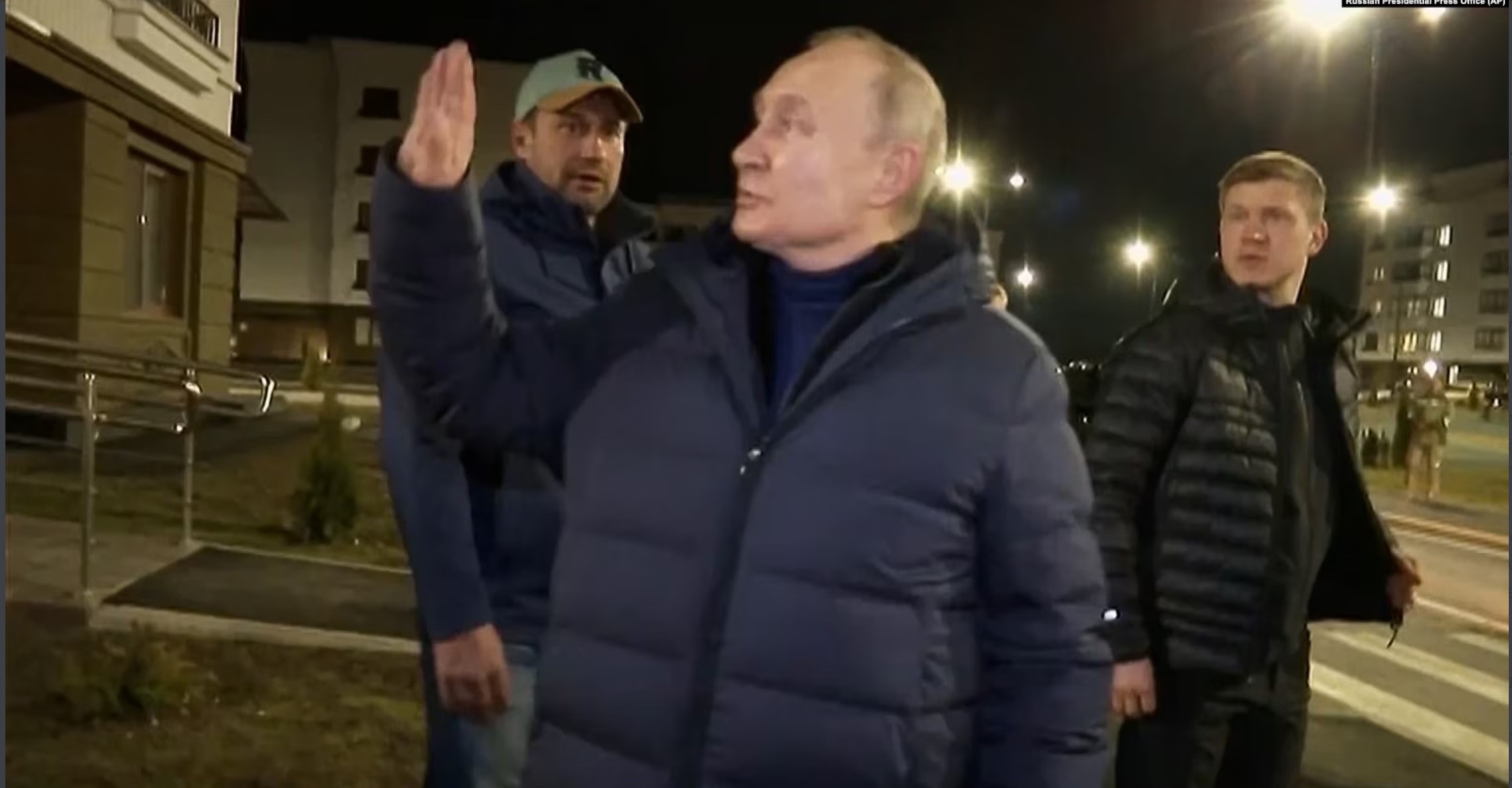 Putin in a carefully orchestrated and edited visit by night to Mariupol Screenshot from the official video