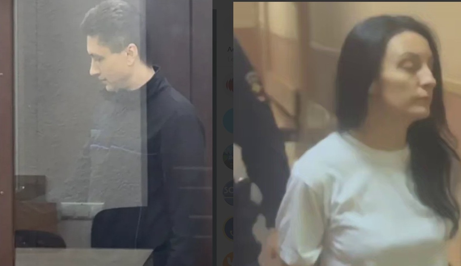 Artem Matvieiev in ’court’, Lina Smirnova taken into ’court’ Both are screenshot from the occupation prosecutor’s videos
