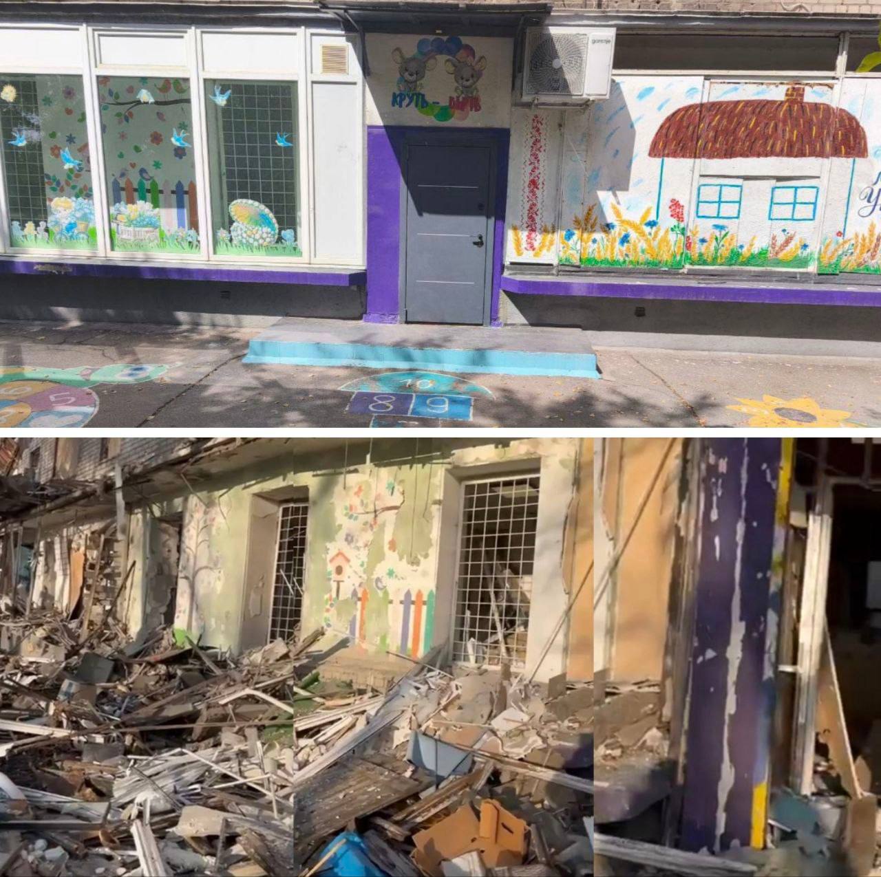 Освітній простір для енергодарських дітей до і після обстрілу. Фото з телеграм-каналу Дмитра Орлова