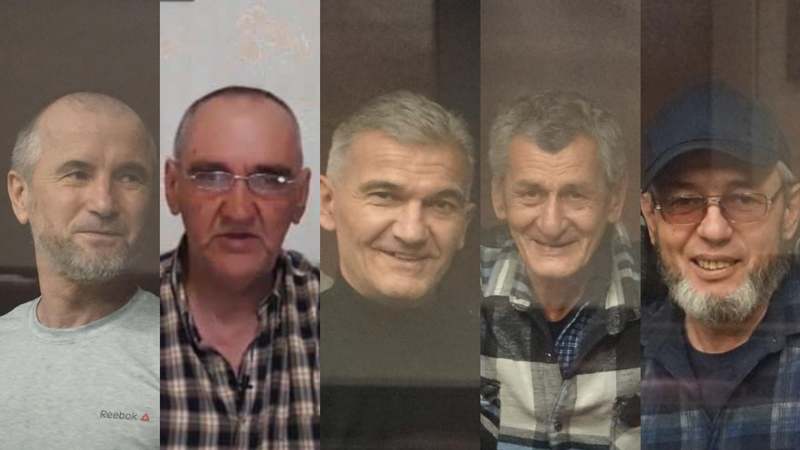 Колаж “Кримської солідарності”. Зліва направо — Вохід Мустафаєв, Ремзі Куртнезіров, Наріман Аметов, Енвер Халілаєв, Алі Мамутов.